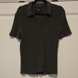 Abercrombie & Fitch Green Ribbed V-Neck Collared Blouse